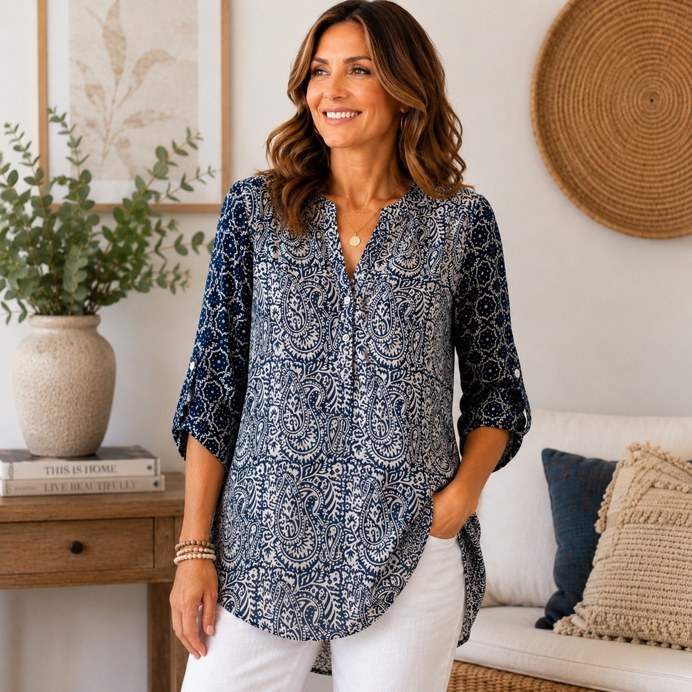 Dolma Mixed Print Boho Tunic Top Roll Tab Sleeve Cotton Large